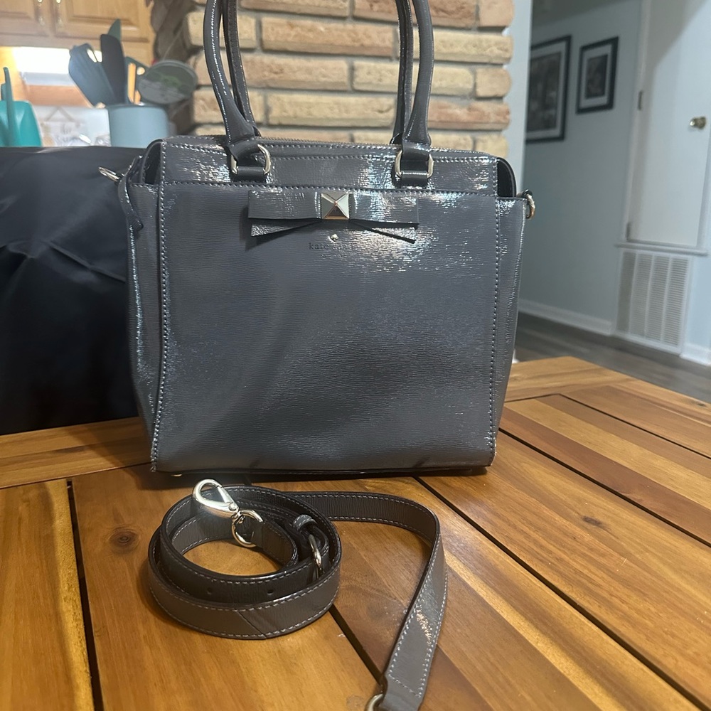kate spade Gray Patent Leather Satchel with Bow Accent and Detachable Strap